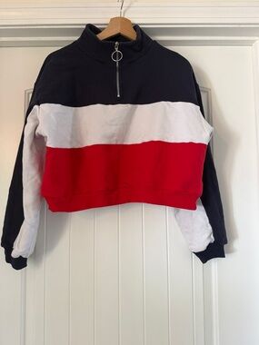 Polly Cropped Colorblock Half-Zip Sweatshirt - Navy White Red